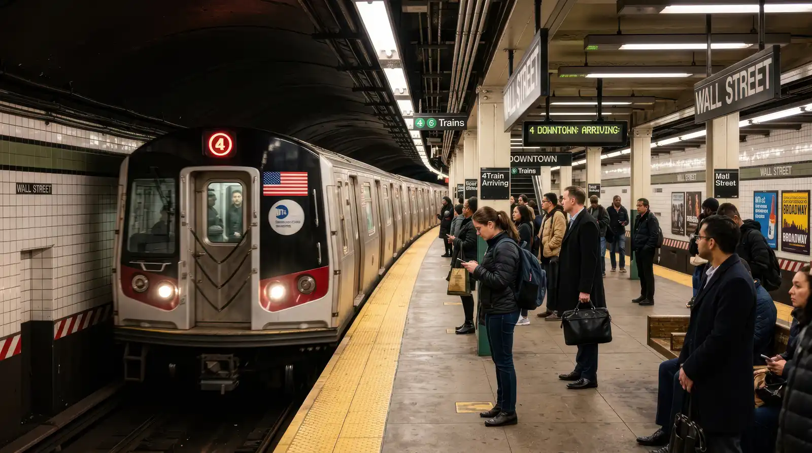 Commuters waiting on a subway platform as a train arrives
